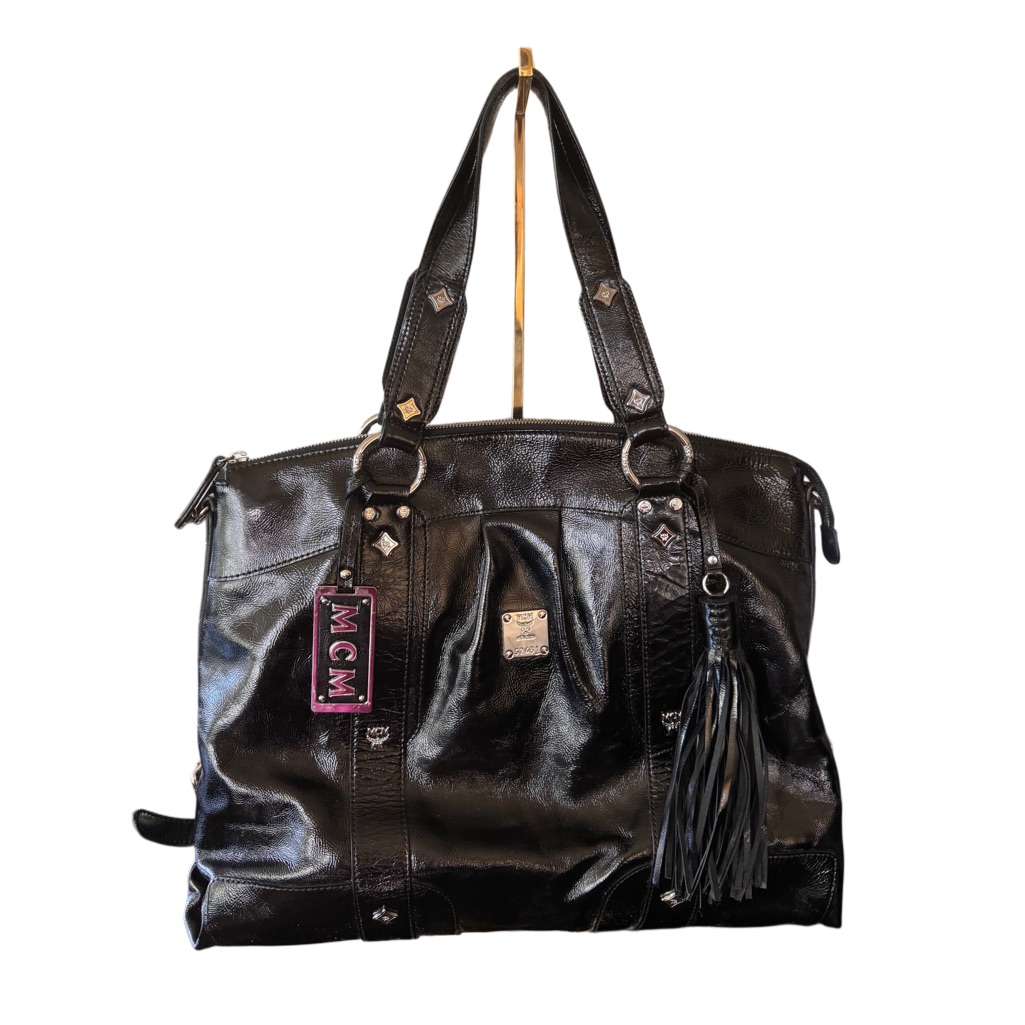 Mcm Spellout Logo Patent Leather Black Bag - Euc